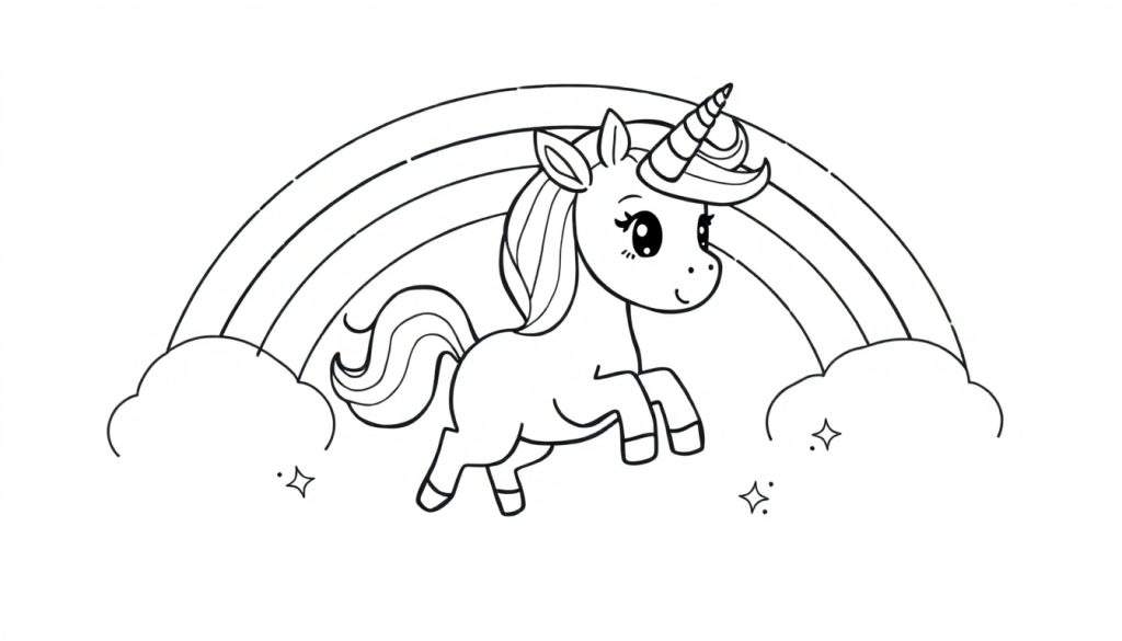 A cute unicorn leaping over clouds with a rainbow behind it, a delightful color panel ready for creativity.