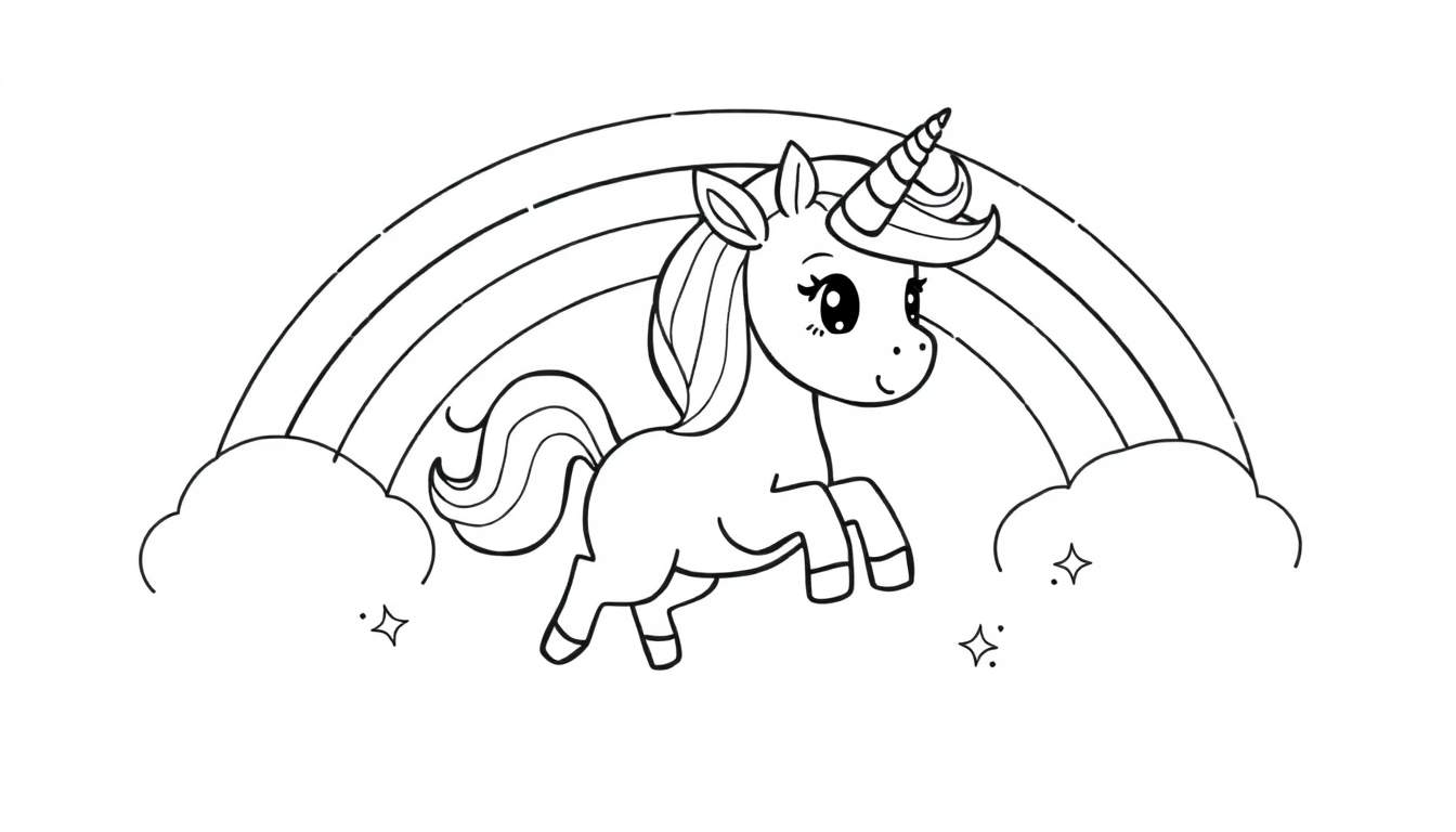 A cute unicorn leaping over clouds with a rainbow behind it, a delightful color panel ready for creativity.