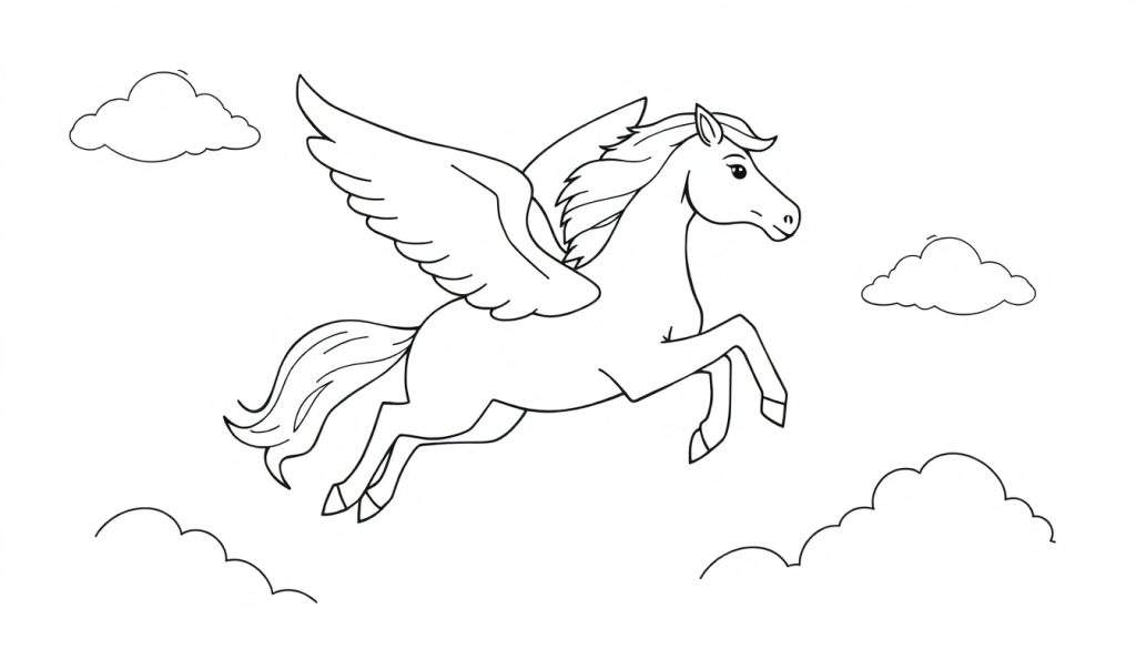 Black and white color panel drawing of a Pegasus in flight with clouds.
