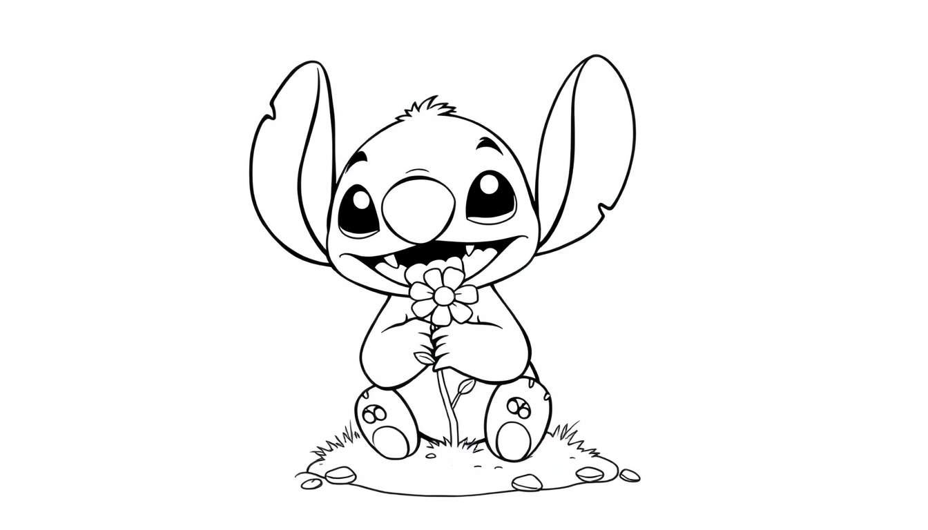 Stitch sitting happily with a daisy, a perfect color panel for kids.