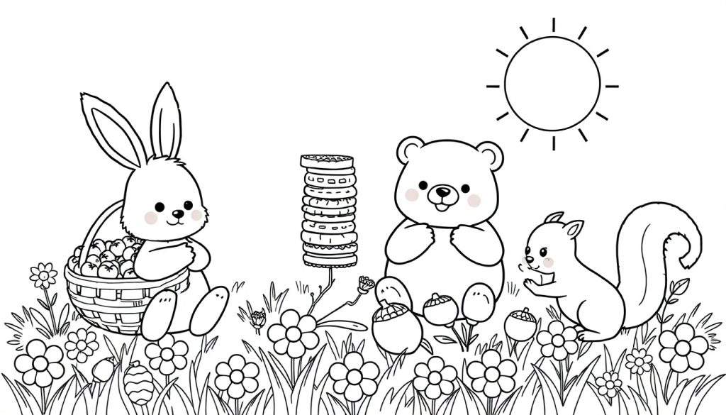 A black and white color panel illustration of cute animals having an Easter picnic.