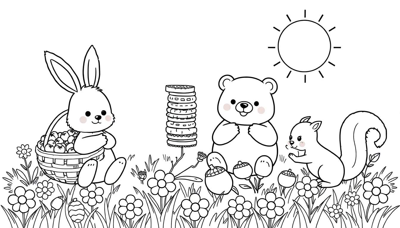 A black and white color panel illustration of cute animals having an Easter picnic.