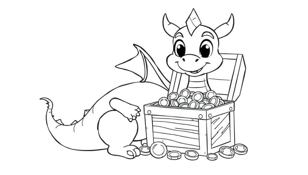 A cute cartoon dragon sitting next to an open treasure chest overflowing with coins, ready for a color panel adventure.