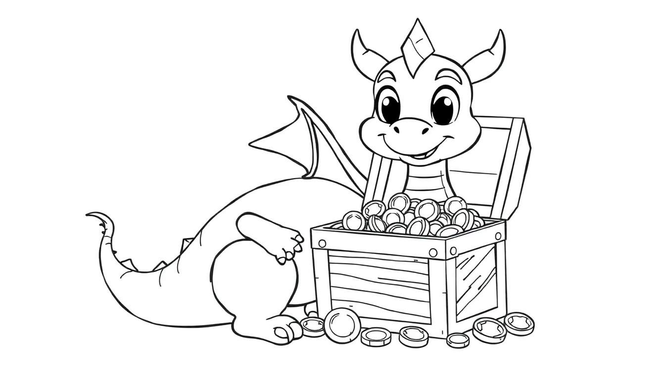 A cute cartoon dragon sitting next to an open treasure chest overflowing with coins, ready for a color panel adventure.