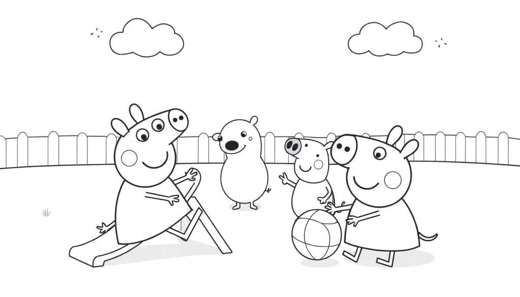 Peppa Pig, Danny Dog, and George Pig playing in a park, ready for coloring. A color panel of fun!