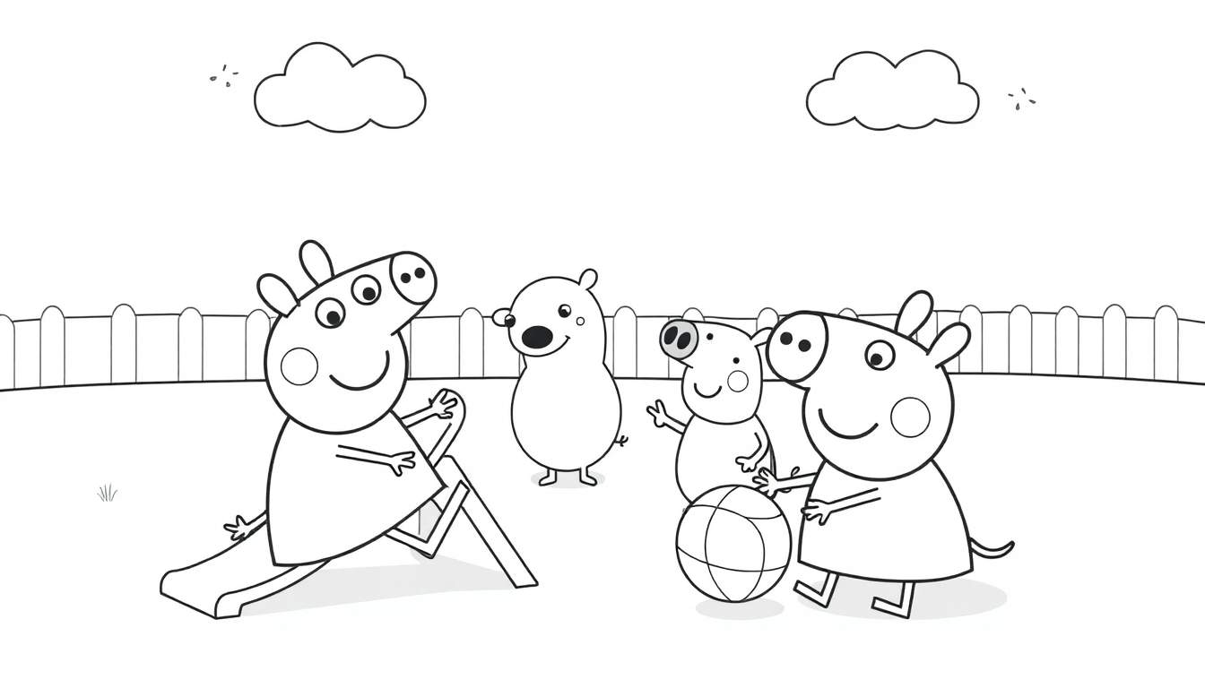 Peppa Pig, Danny Dog, and George Pig playing in a park, ready for coloring. A color panel of fun!