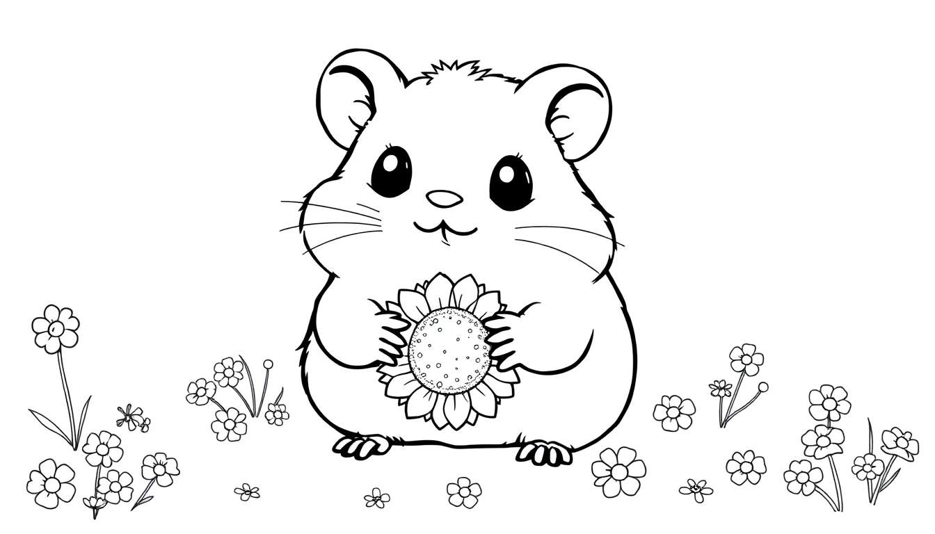 A cute hamster holding a sunflower seed, surrounded by flowers, ready for coloring.