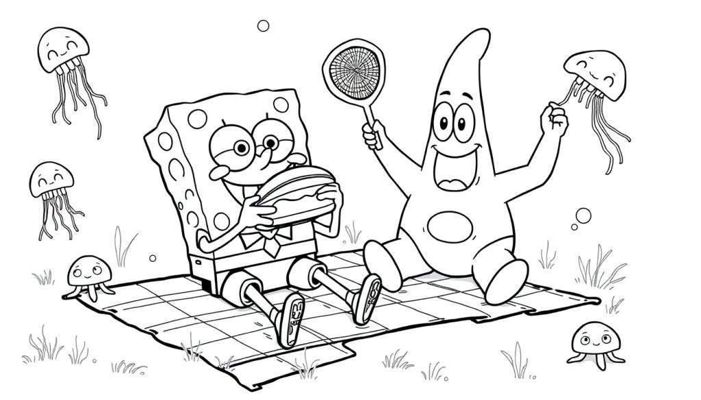 A black and white cartoon color panel of SpongeBob and Patrick having a picnic with jellyfish.
