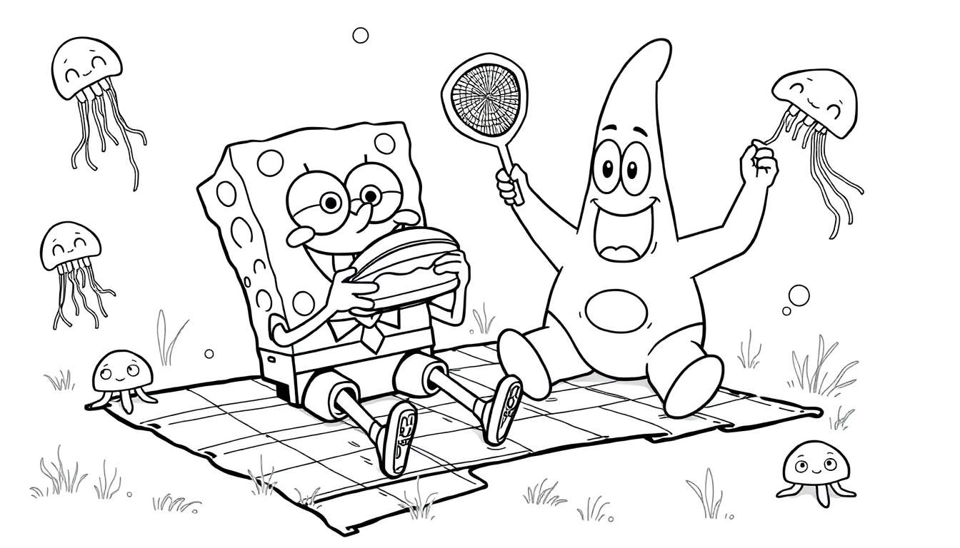 A black and white cartoon color panel of SpongeBob and Patrick having a picnic with jellyfish.