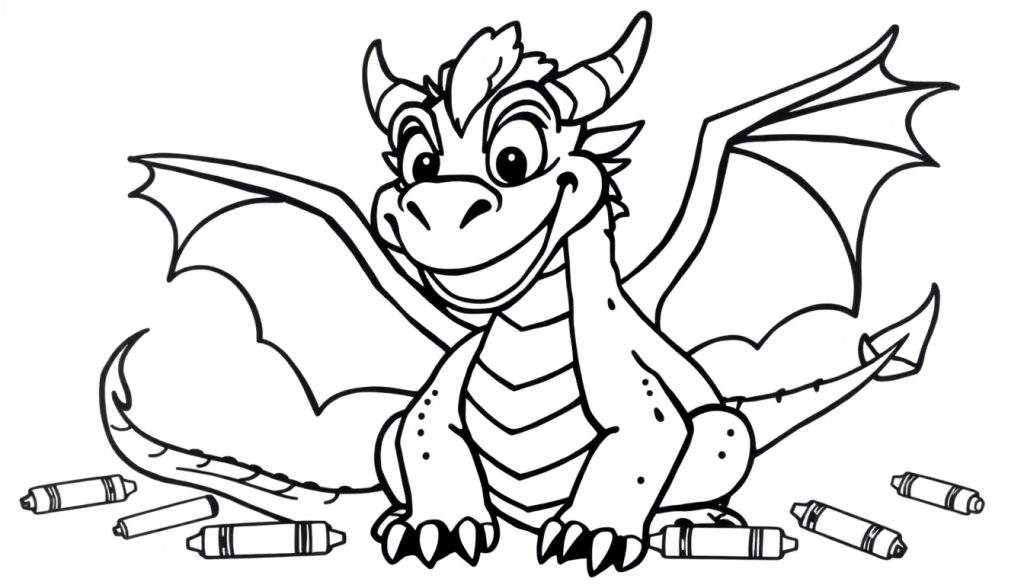 A friendly dragon sitting down, ready to be colored in this fun color panel. It has a big smile and is surrounded by crayons.