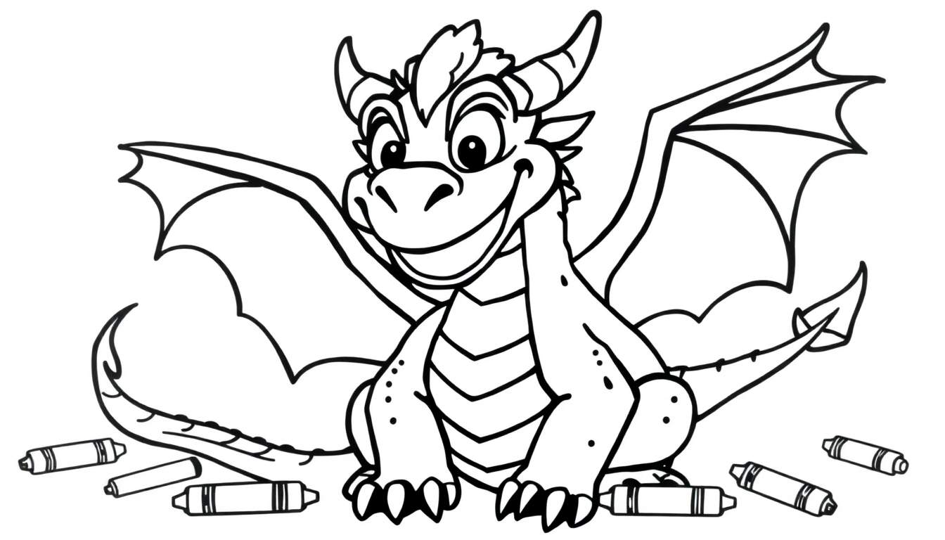 A friendly dragon sitting down, ready to be colored in this fun color panel.  It has a big smile and is surrounded by crayons.