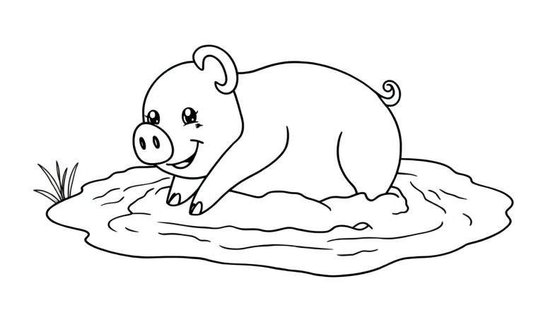 A black and white color panel of a happy pig in mud.