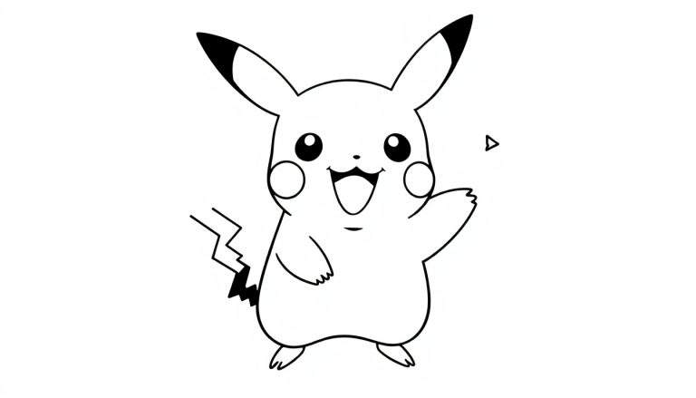 A black and white drawing of Pikachu waving, ready for a color panel activity.