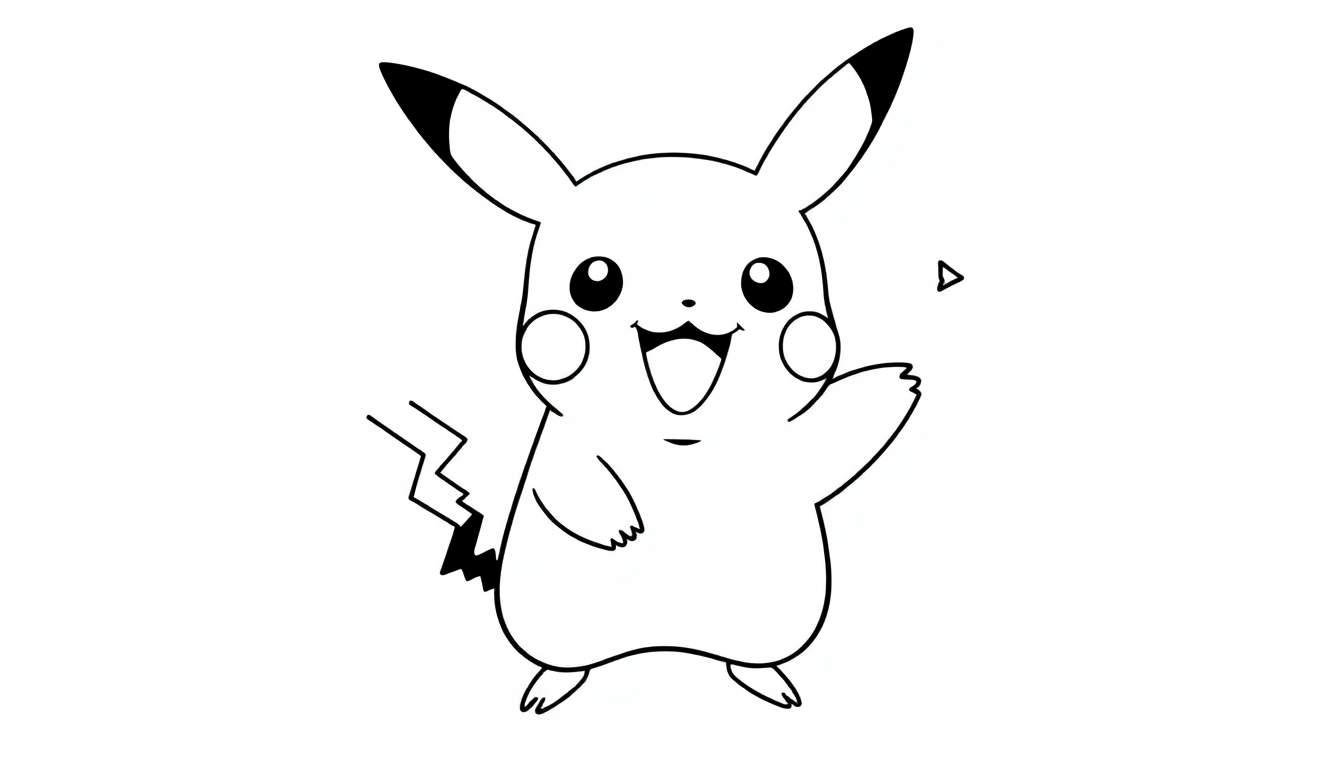 A black and white drawing of Pikachu waving, ready for a color panel activity.