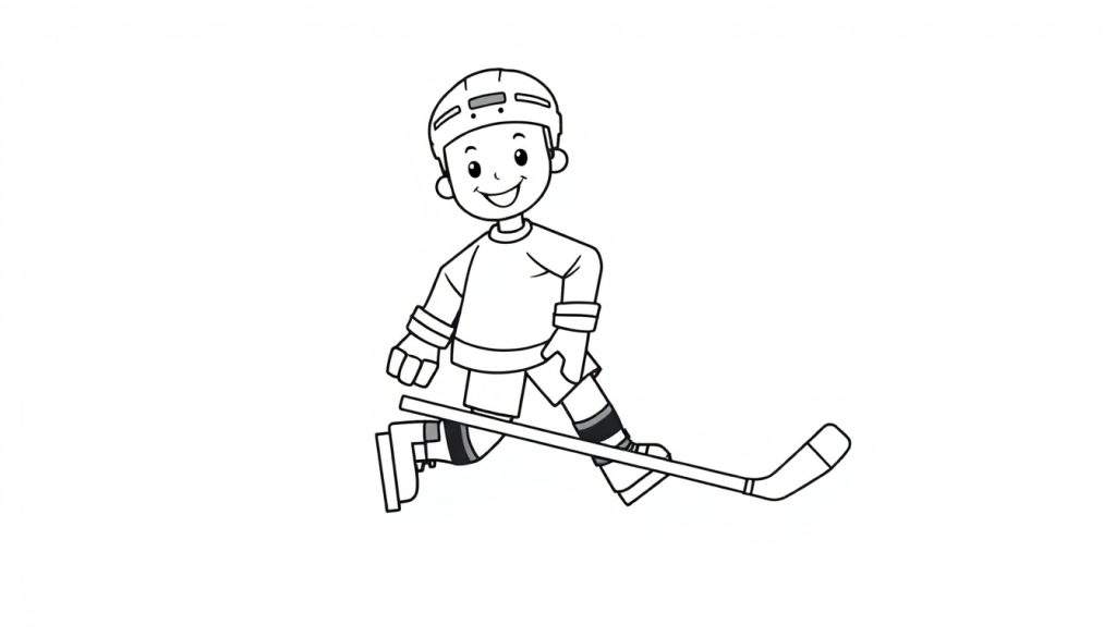 A cheerful black and white cartoon of a boy playing hockey, ready to color on this awesome color panel!