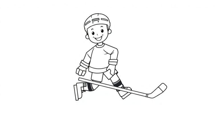 A cheerful black and white cartoon of a boy playing hockey, ready to color on this awesome color panel!