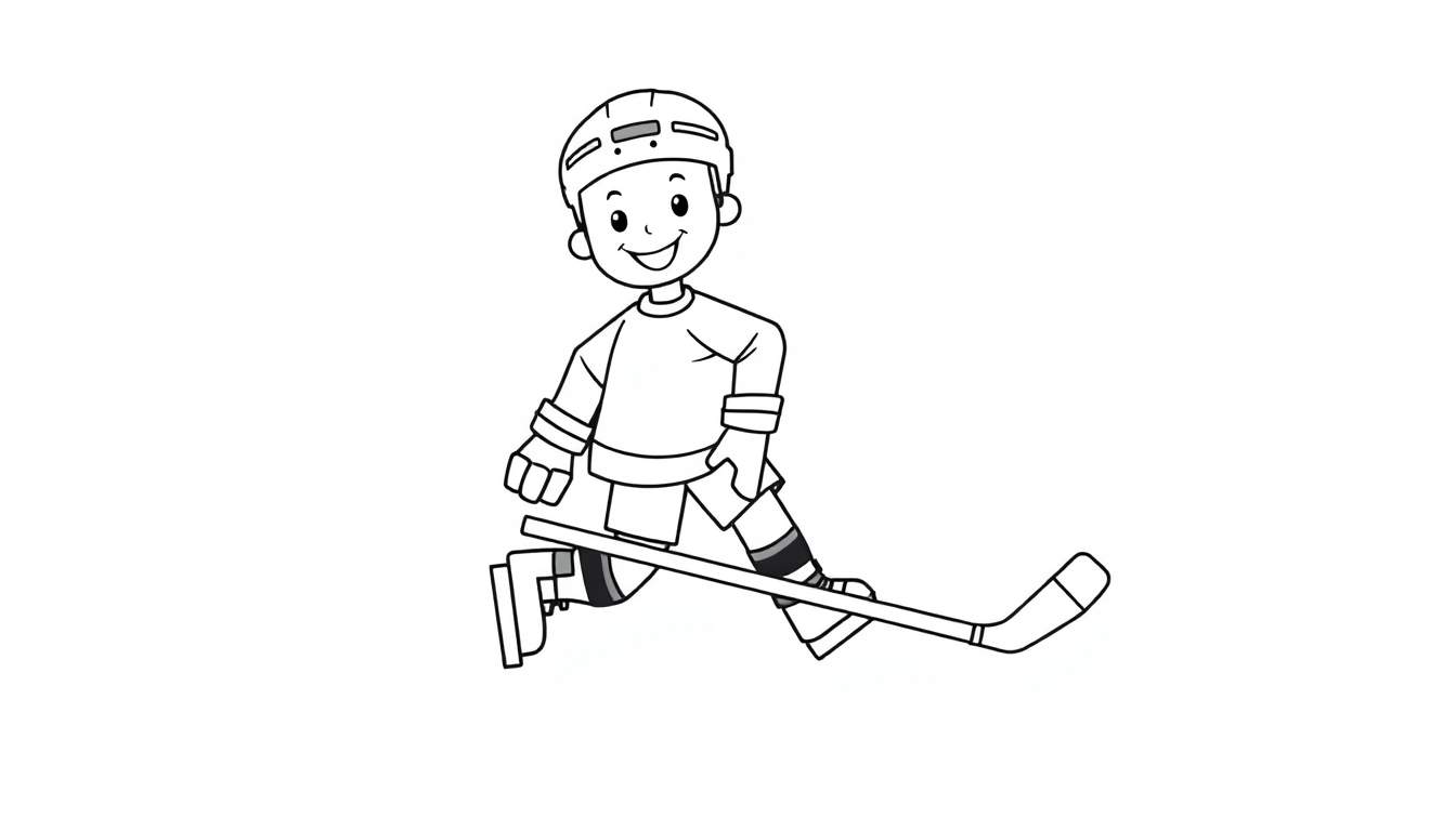 A cheerful black and white cartoon of a boy playing hockey, ready to color on this awesome color panel!