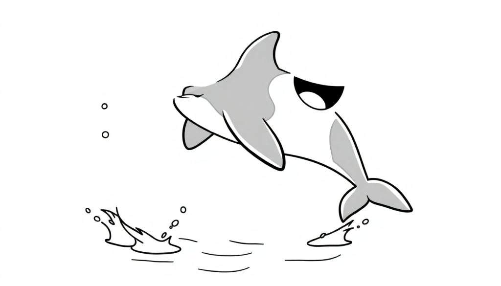 A happy cartoon dolphin leaping out of the water, a joyful color panel.