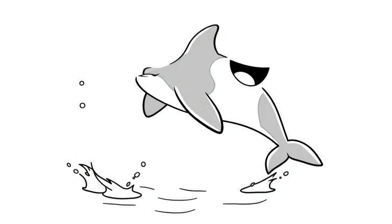 A happy cartoon dolphin leaping out of the water, a joyful color panel.