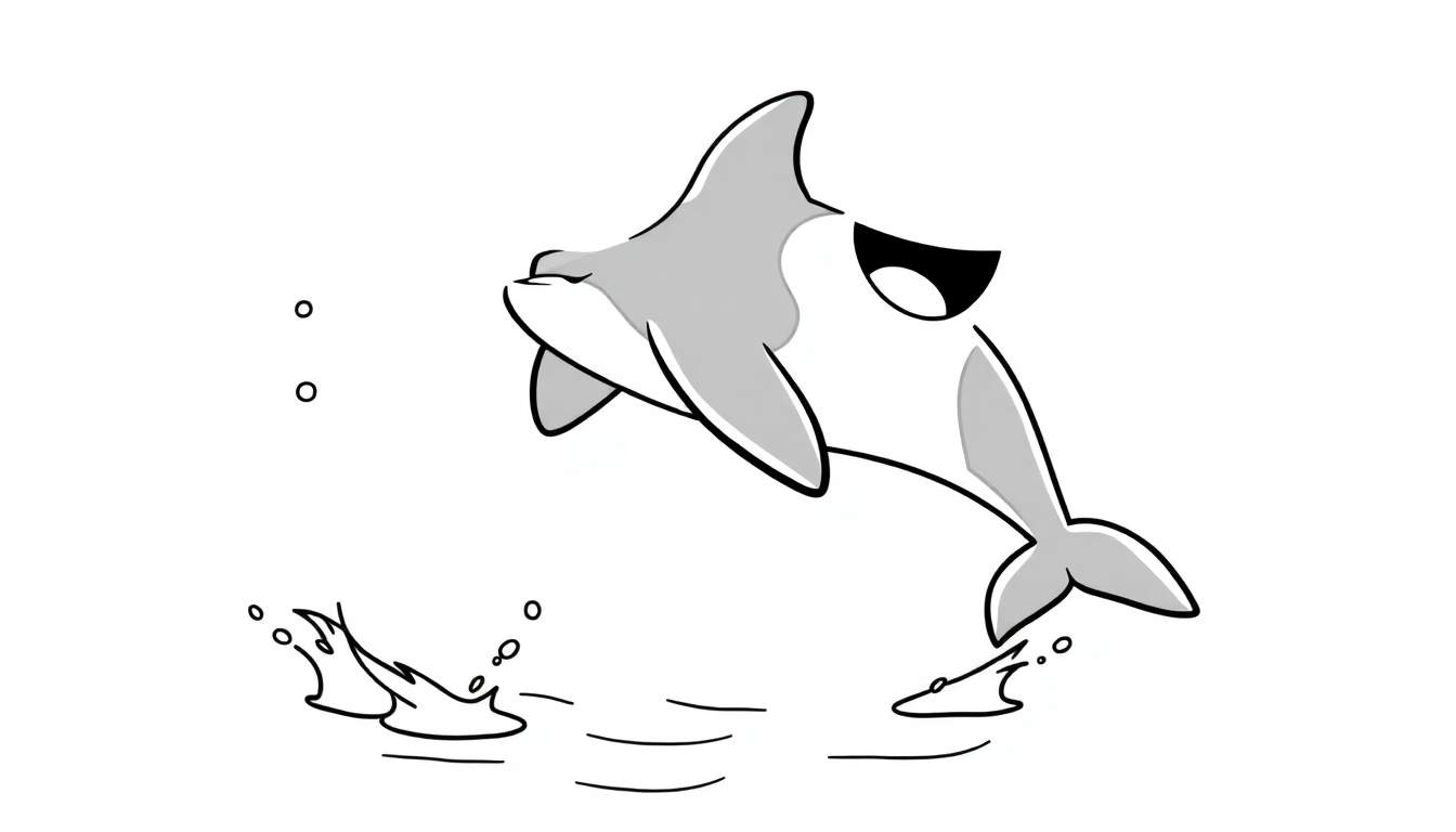 A happy cartoon dolphin leaping out of the water, a joyful color panel.