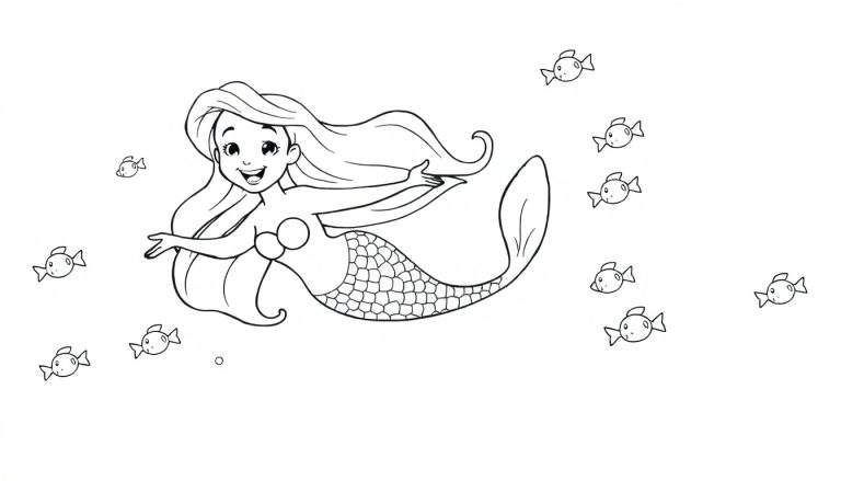 A black and white cartoon color panel of a smiling mermaid swimming with small fish, ready for coloring.