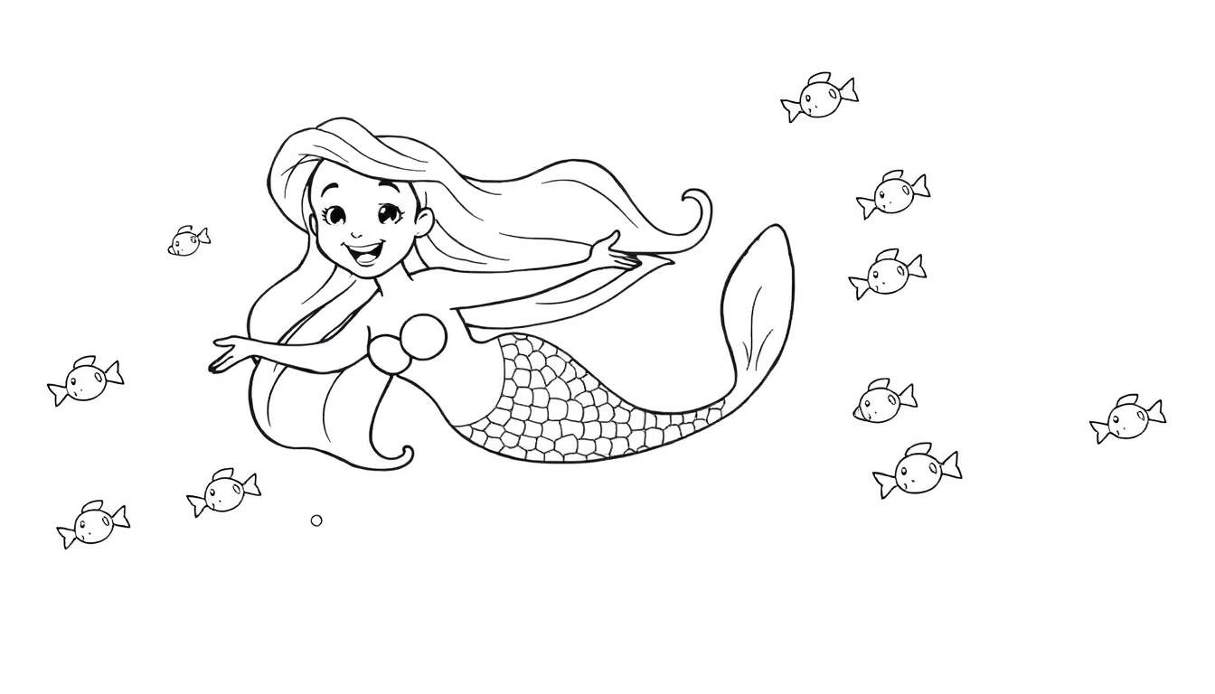 A black and white cartoon color panel of a smiling mermaid swimming with small fish, ready for coloring.