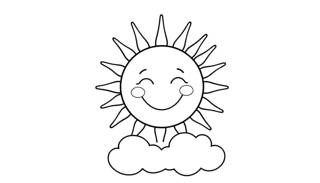 A black and white line drawing of a smiling sun resting on a cloud, perfect for a coloring panel.