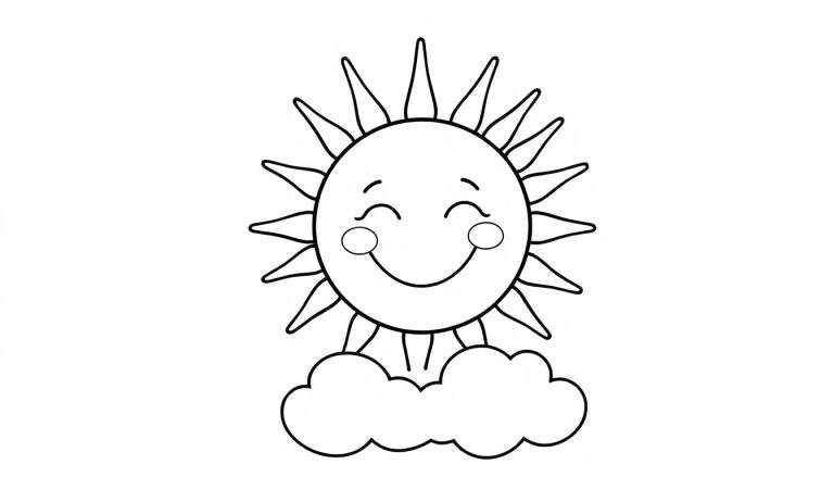 A black and white line drawing of a smiling sun resting on a cloud, perfect for a coloring panel.