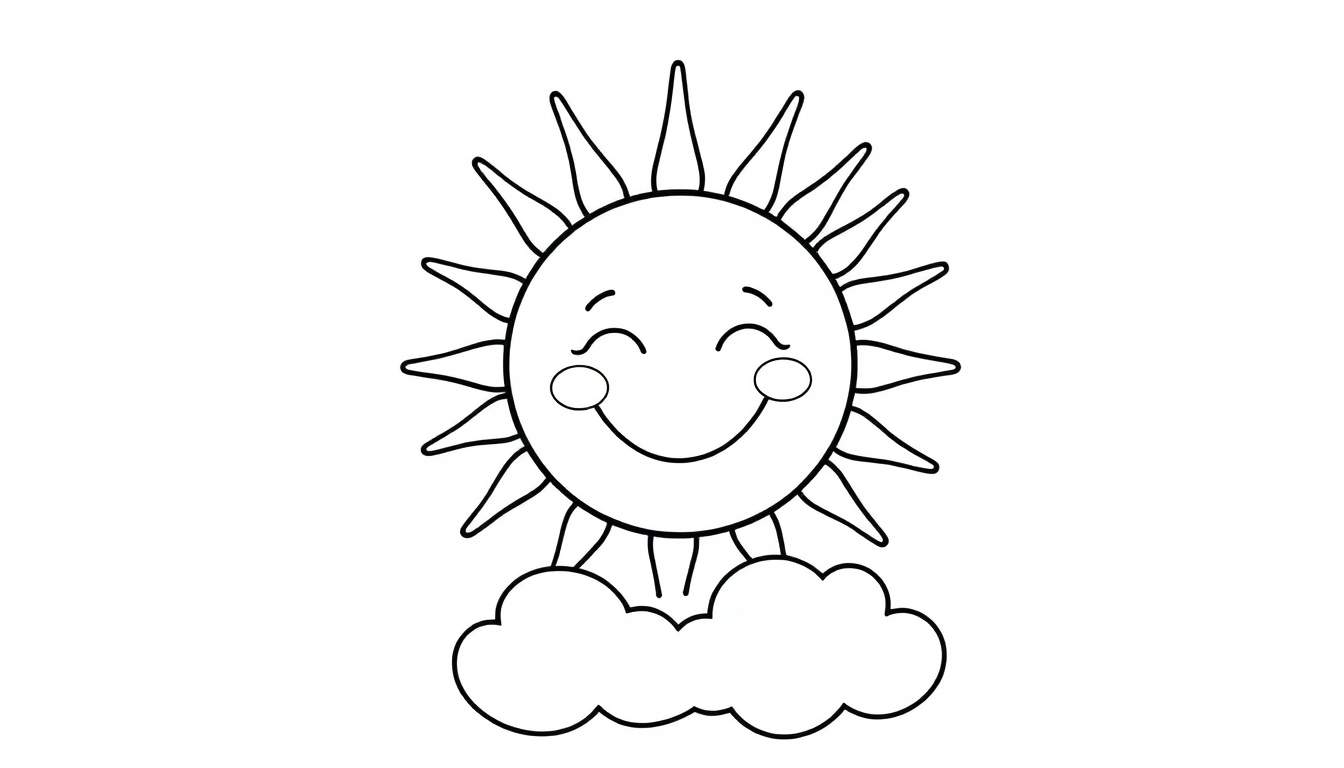 A black and white line drawing of a smiling sun resting on a cloud, perfect for a coloring panel.
