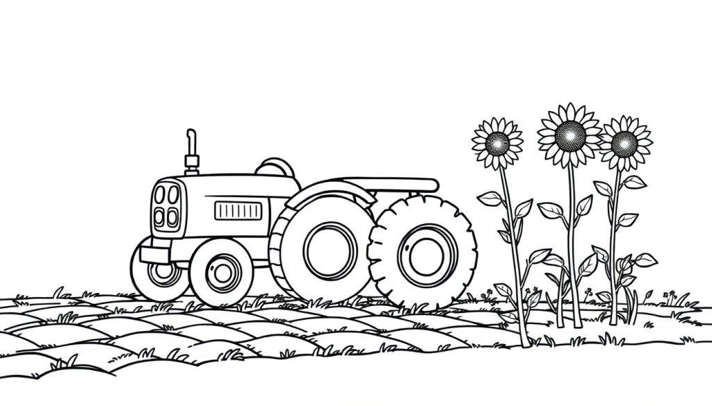 A friendly black and white color panel of a tractor near sunflowers.