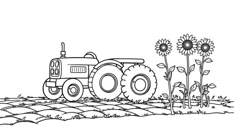 A friendly black and white color panel of a tractor near sunflowers.