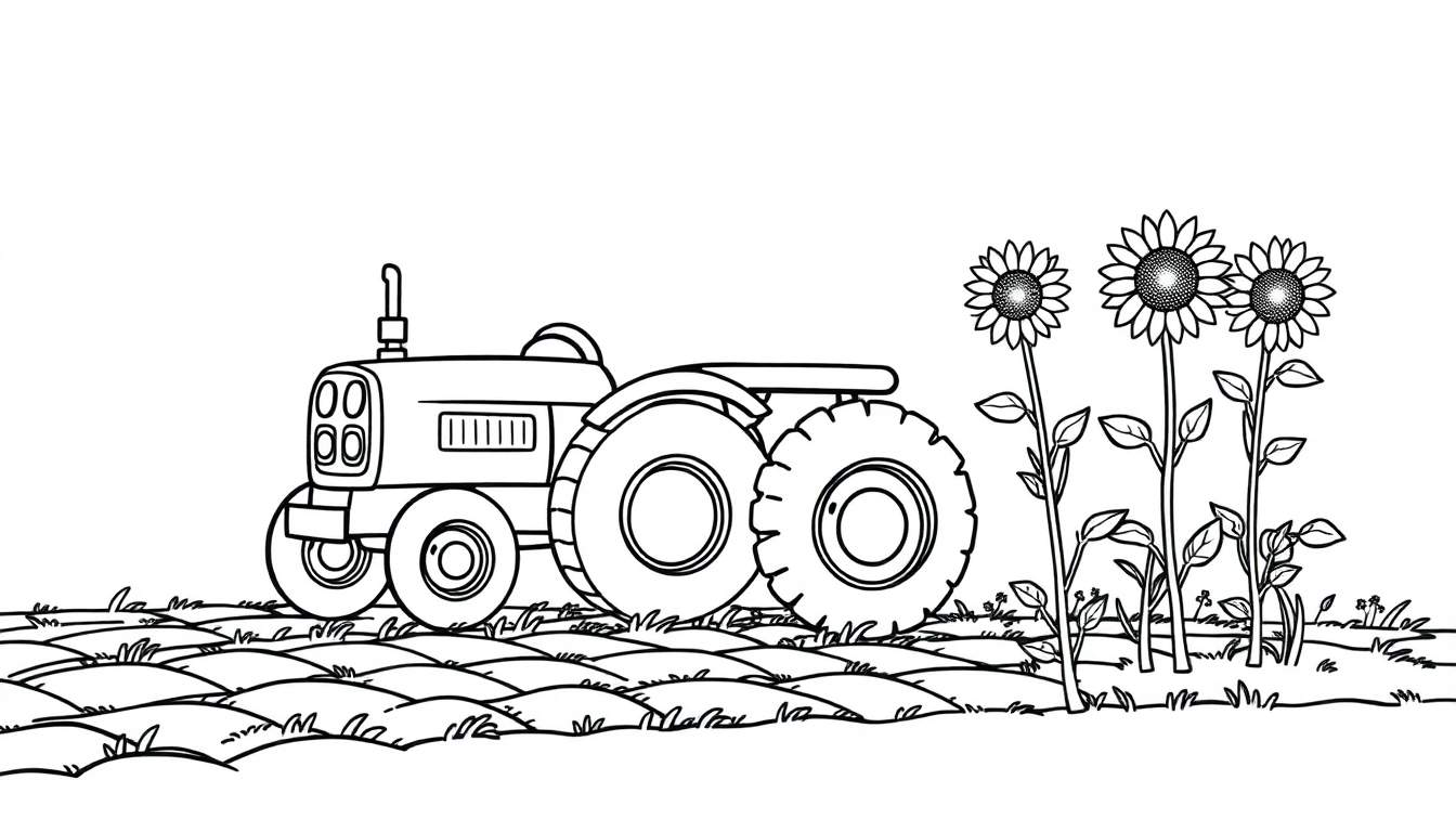 A friendly black and white color panel of a tractor near sunflowers.