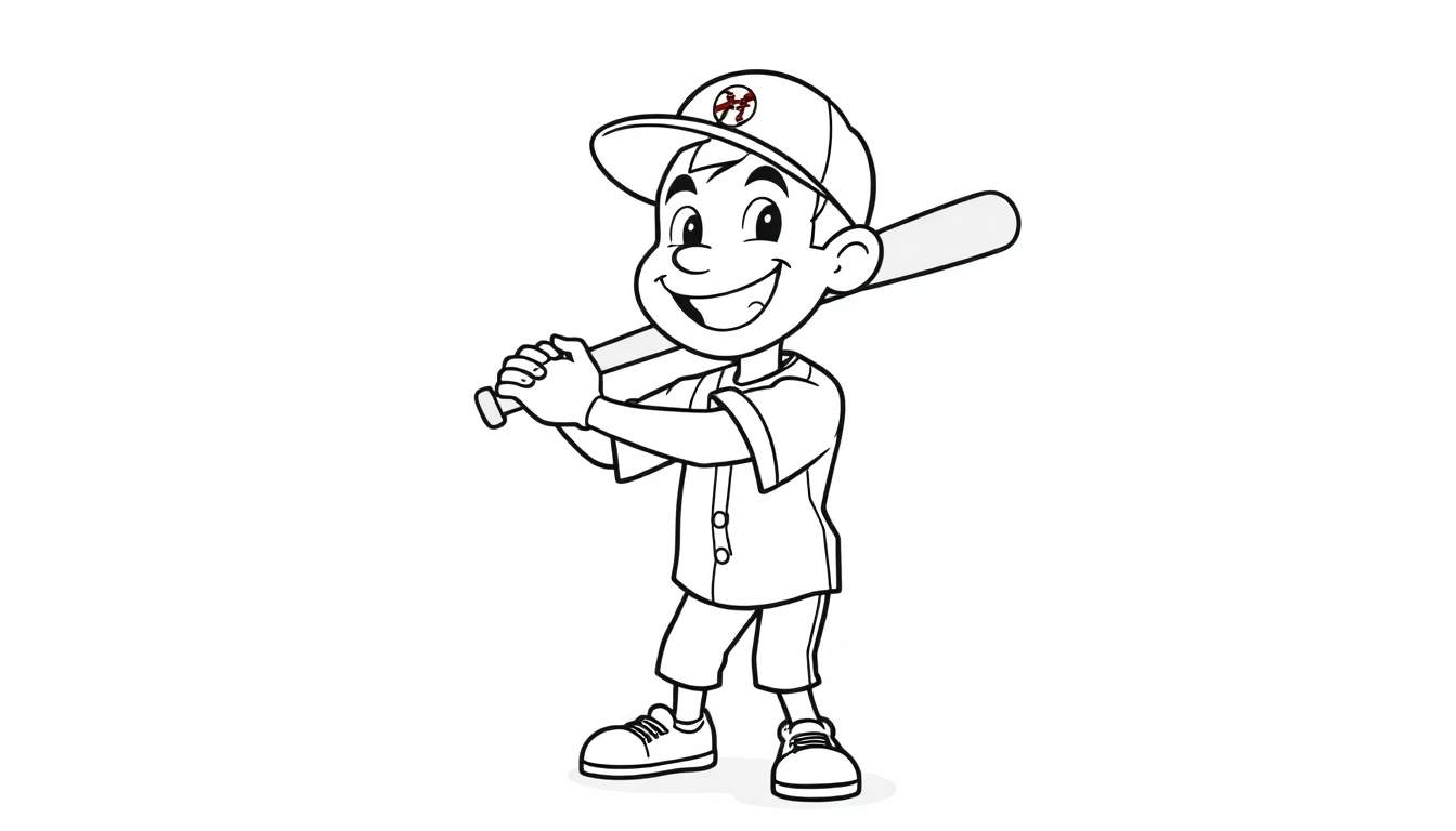 Cartoon boy swinging a baseball bat with a big smile.