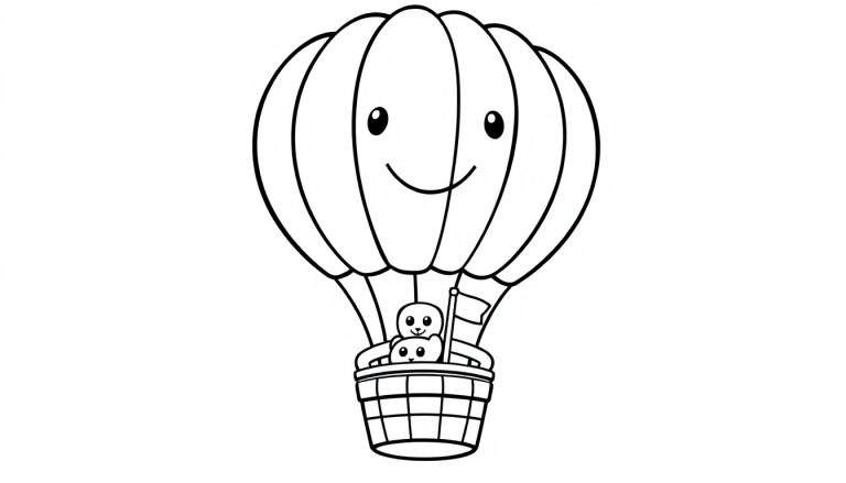 A black and white cartoon illustration of a friendly hot air balloon with a smiling face and a basket carrying two seal characters, one holding a flag. This is a coloring panel.