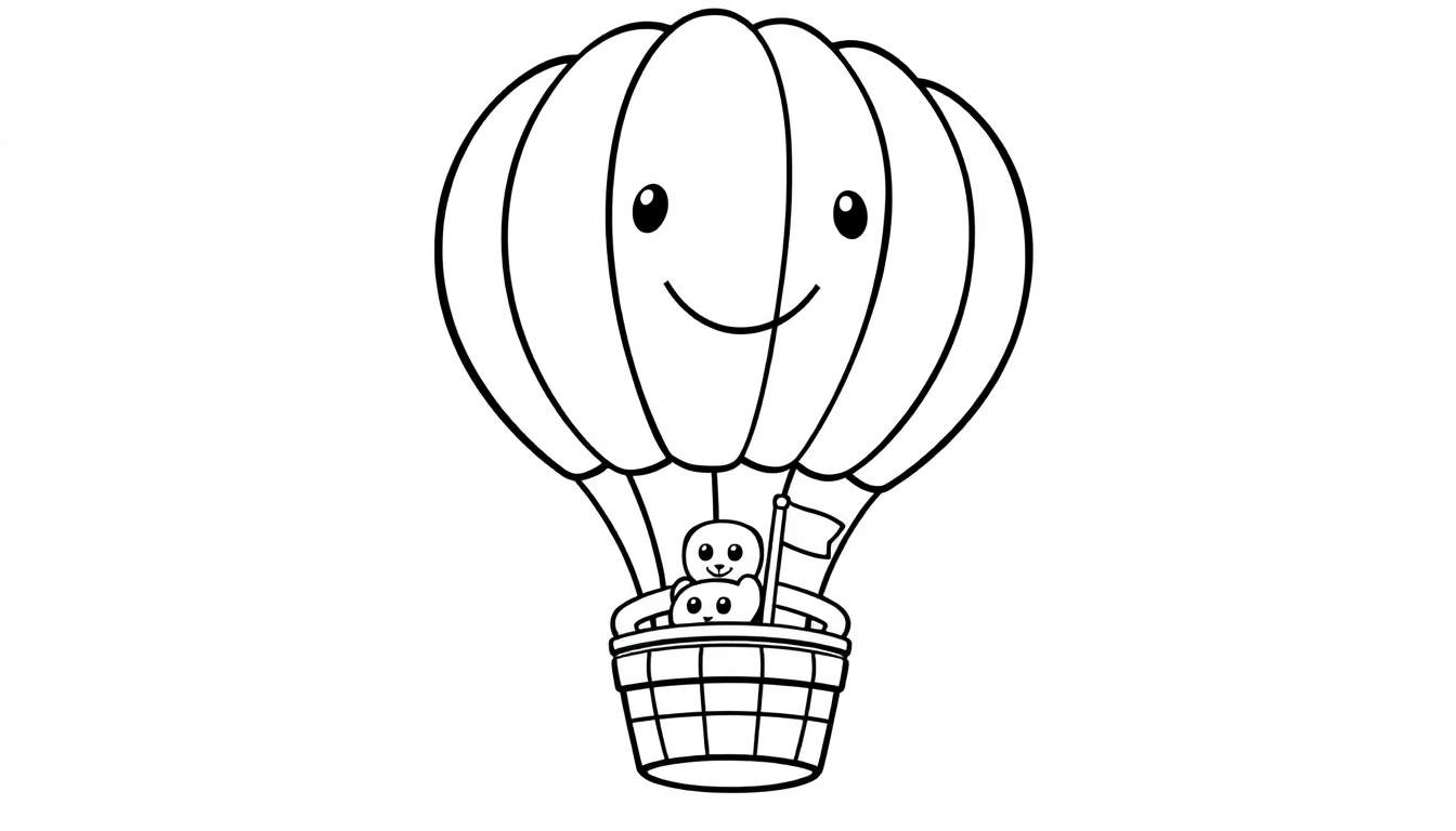 A black and white cartoon illustration of a friendly hot air balloon with a smiling face and a basket carrying two seal characters, one holding a flag. This is a coloring panel.
