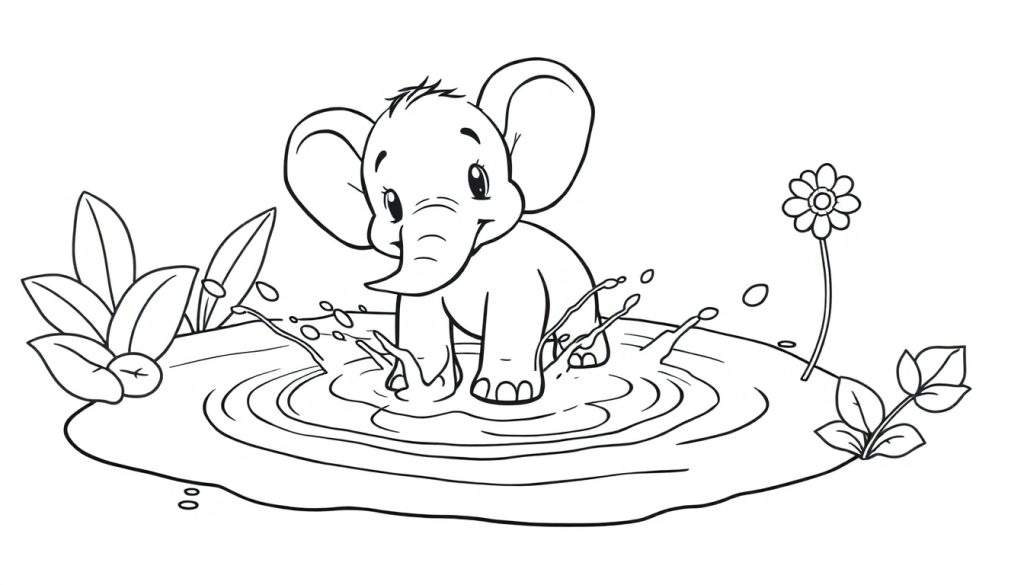 A cute baby elephant enjoying a splashy moment in a puddle, perfect for a coloring panel.