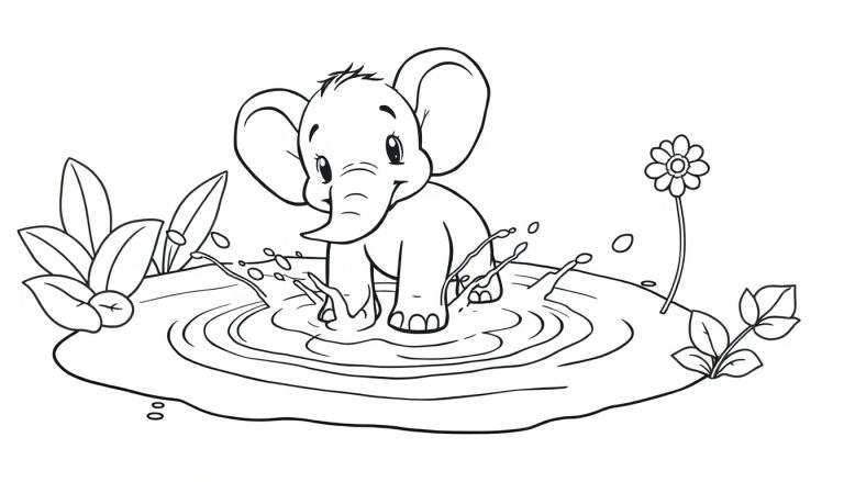 A cute baby elephant enjoying a splashy moment in a puddle, perfect for a coloring panel.