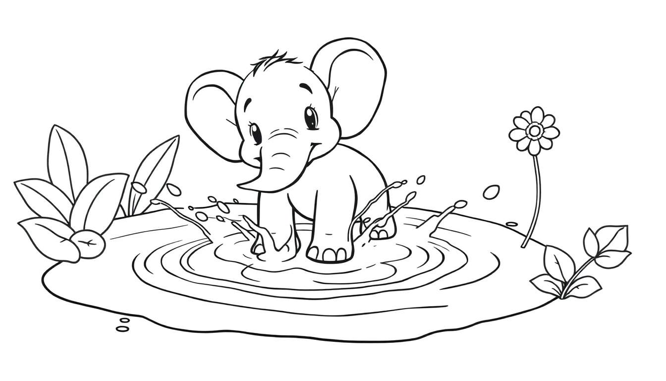 A cute baby elephant enjoying a splashy moment in a puddle, perfect for a coloring panel.