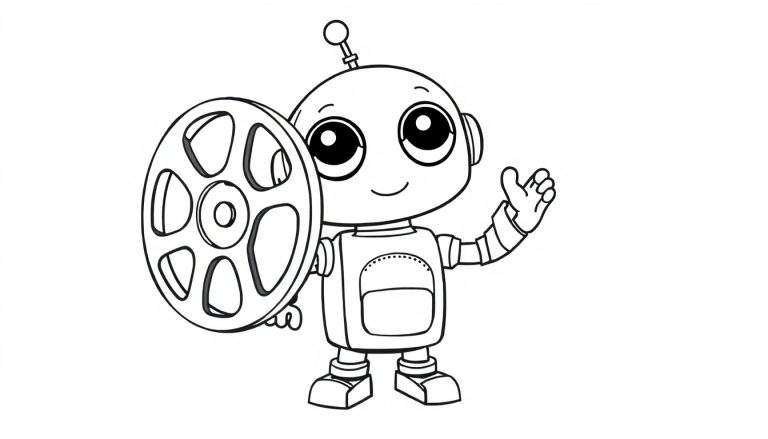 A cute cartoon robot, ready for you to color, holding a film reel in a color panel.