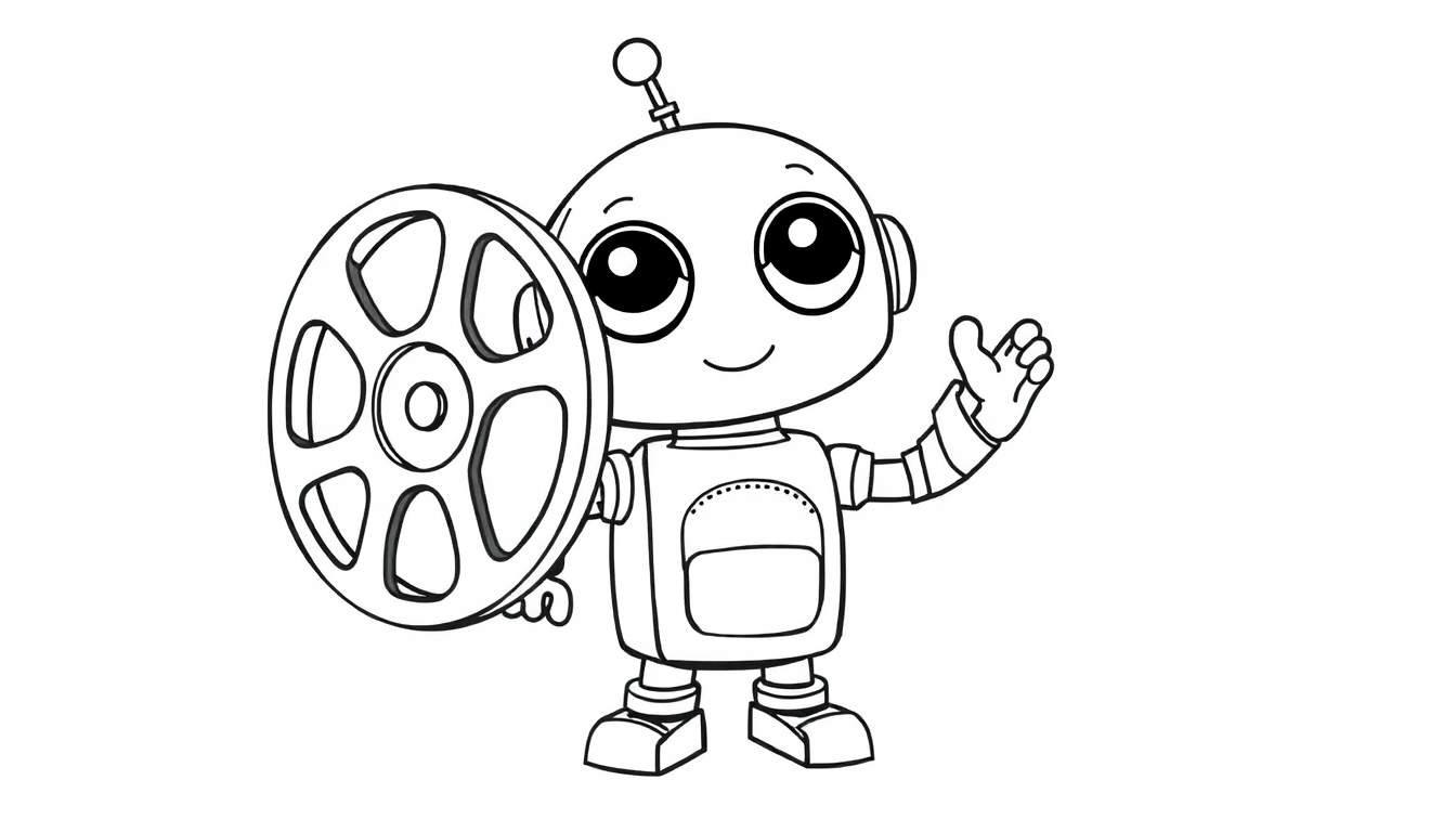 A cute cartoon robot, ready for you to color, holding a film reel in a color panel.