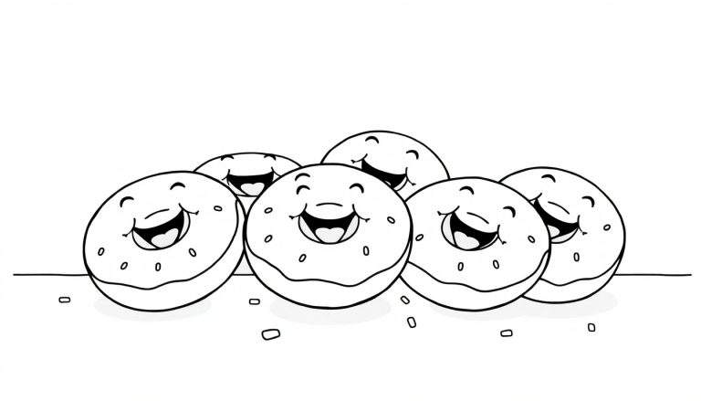 A black and white color panel of happy donuts.