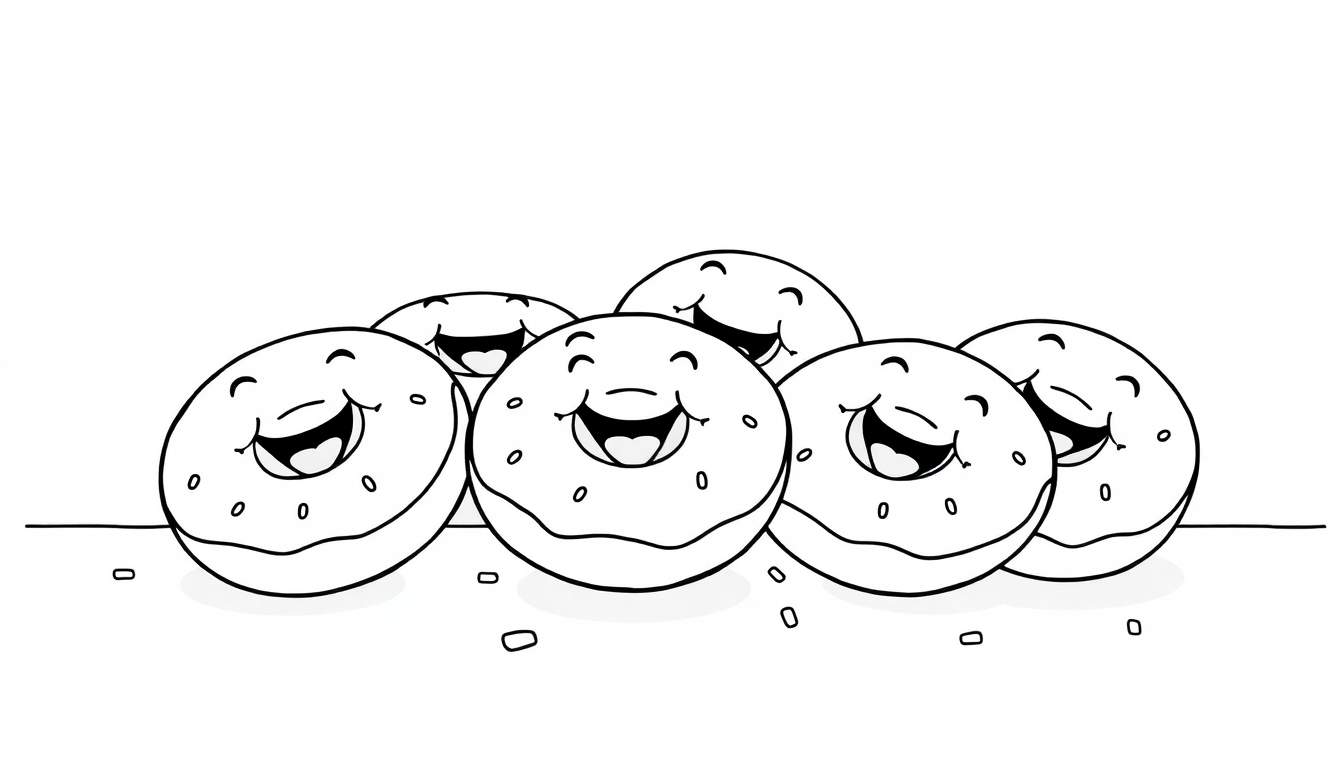 A black and white color panel of happy donuts.