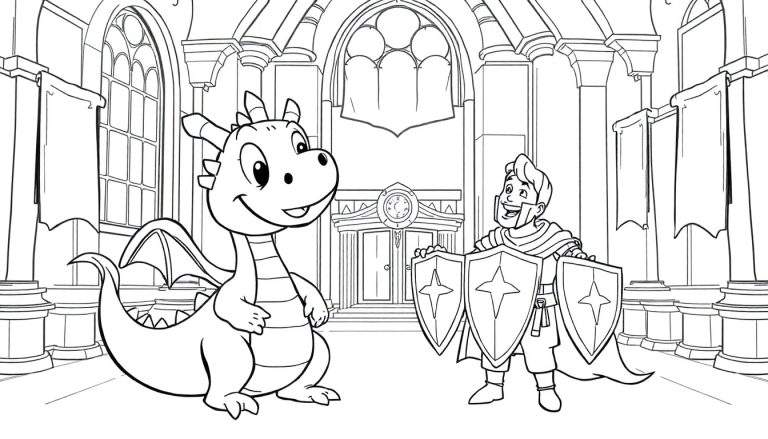 A cute dragon and a knight are ready to color in this black and white castle scene, a fun color panel.