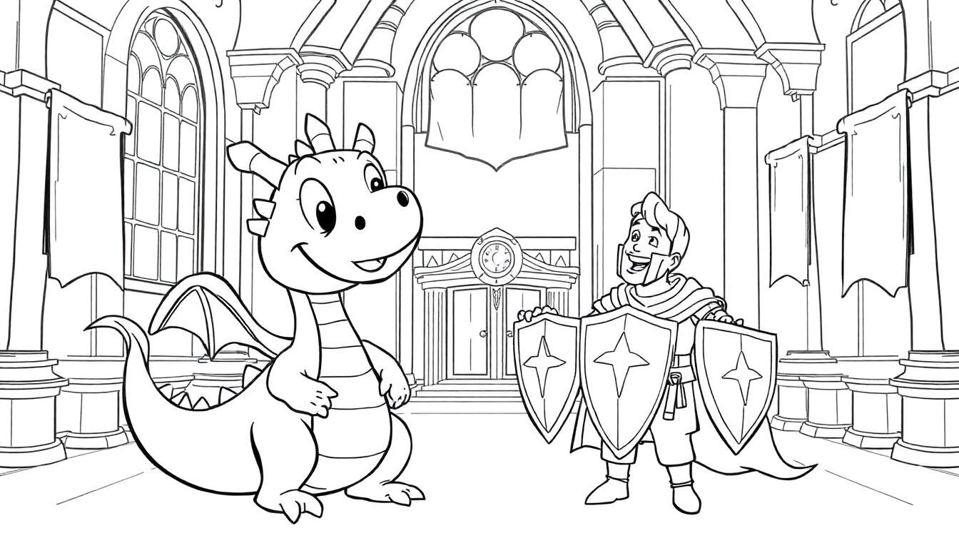 A cute dragon and a knight are ready to color in this black and white castle scene, a fun color panel.