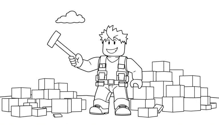 Roblox character with hammer and boxes, ready for coloring in a color panel.