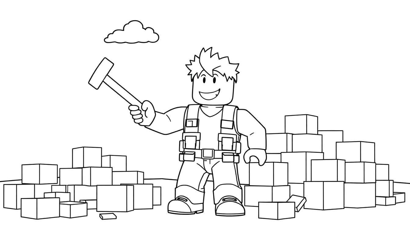 Roblox character with hammer and boxes, ready for coloring in a color panel.