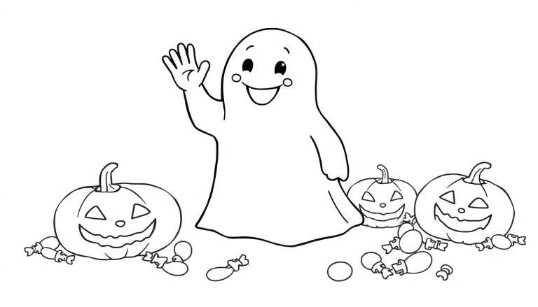 A black and white cartoon color panel of a friendly ghost waving, surrounded by three jack-o'-lantern pumpkins and scattered candy.