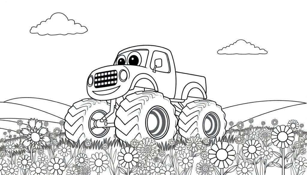 A friendly monster truck with a smiling face in a field of flowers, ready for coloring. This color panel shows a cartoon monster truck with big tires and happy eyes driving through a colorful flower field.