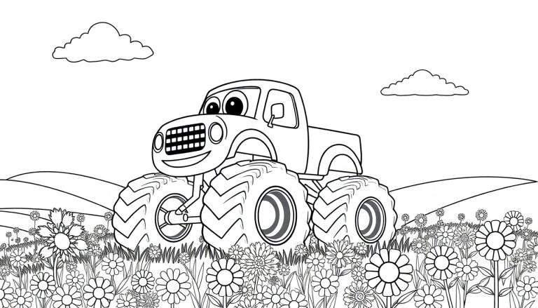 A friendly monster truck with a smiling face in a field of flowers, ready for coloring. This color panel shows a cartoon monster truck with big tires and happy eyes driving through a colorful flower field.