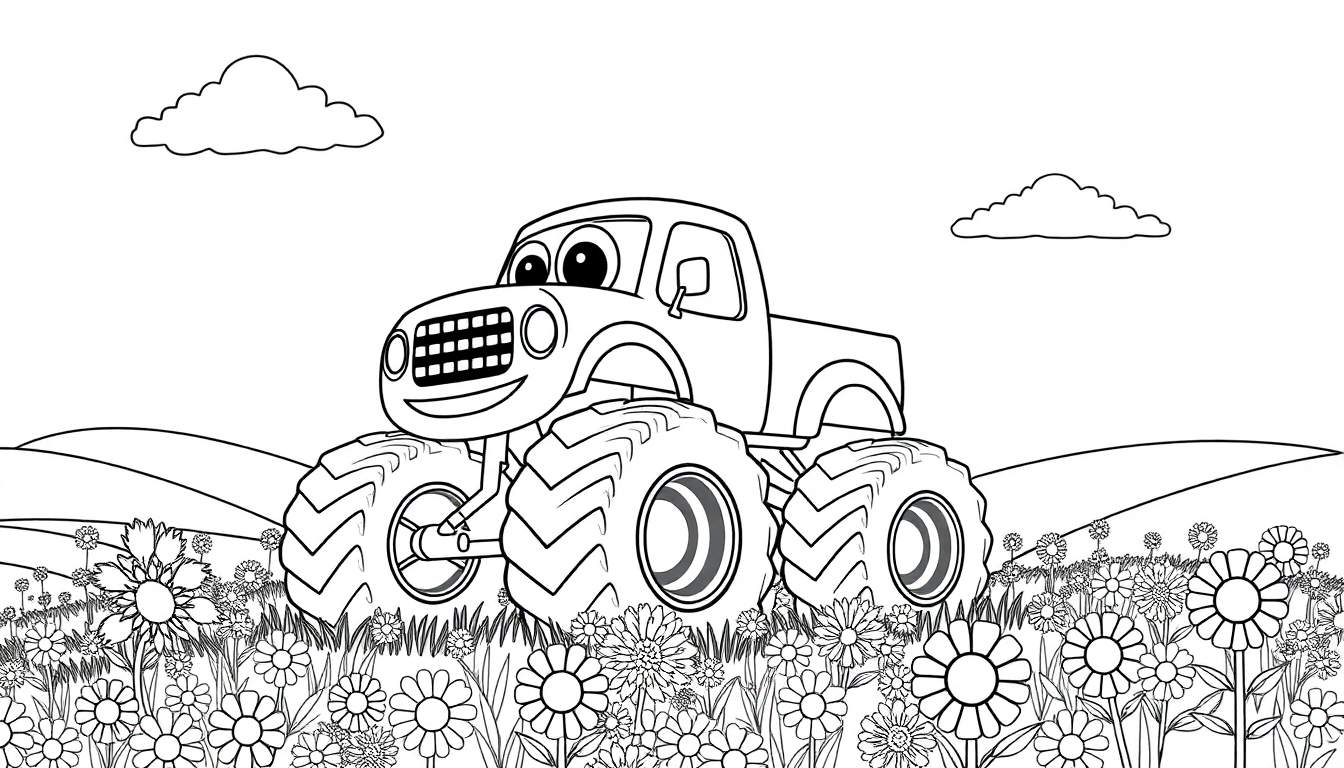 A friendly monster truck with a smiling face in a field of flowers, ready for coloring. This color panel shows a cartoon monster truck with big tires and happy eyes driving through a colorful flower field.